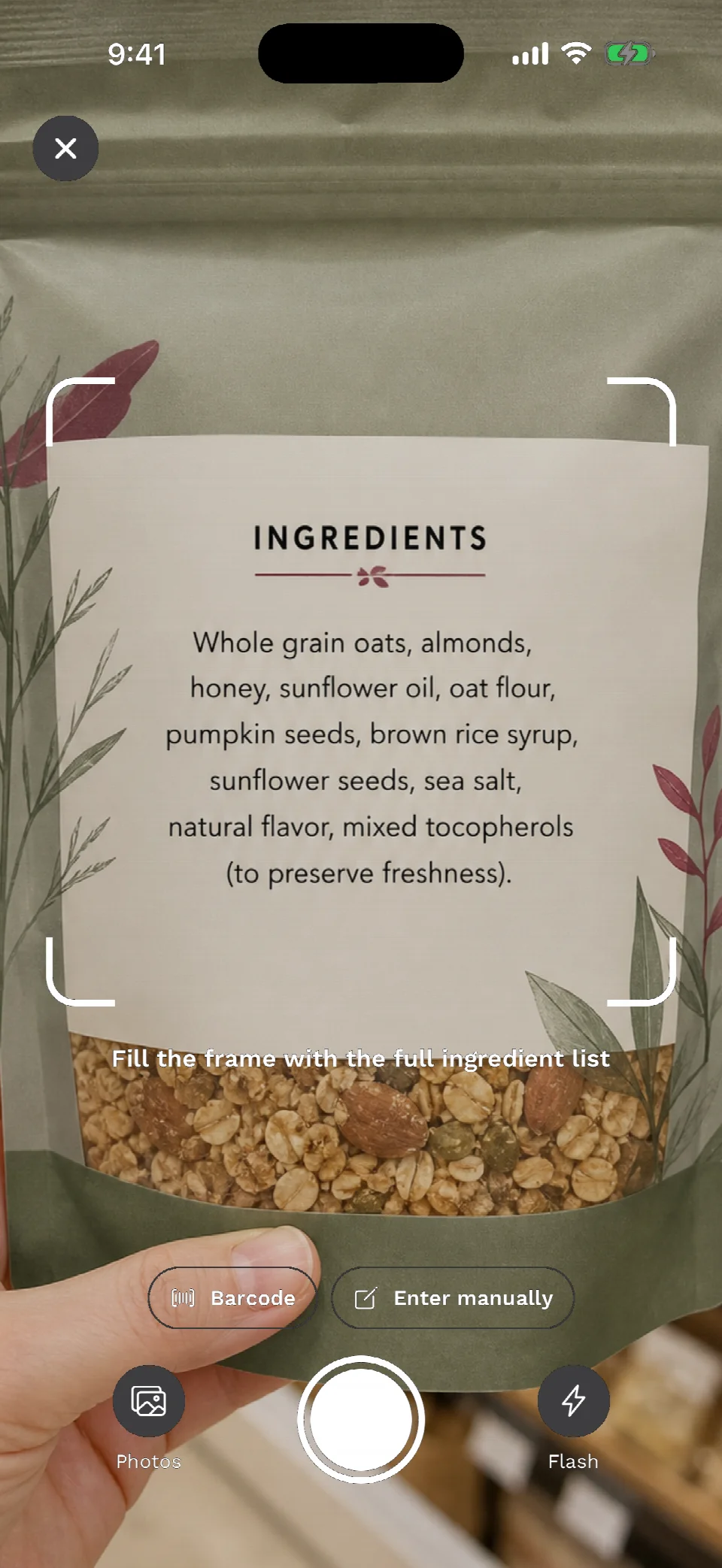 Addi camera scanning the ingredient label on a granola package